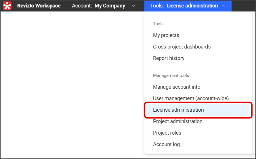 Tools menu - License administration.png